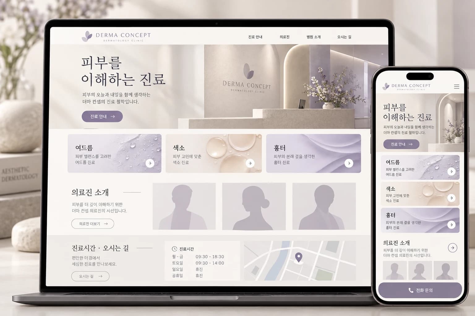 피부과 홈페이지 PC·모바일 디자인 콘셉트 — 실제 병원 실적 아님